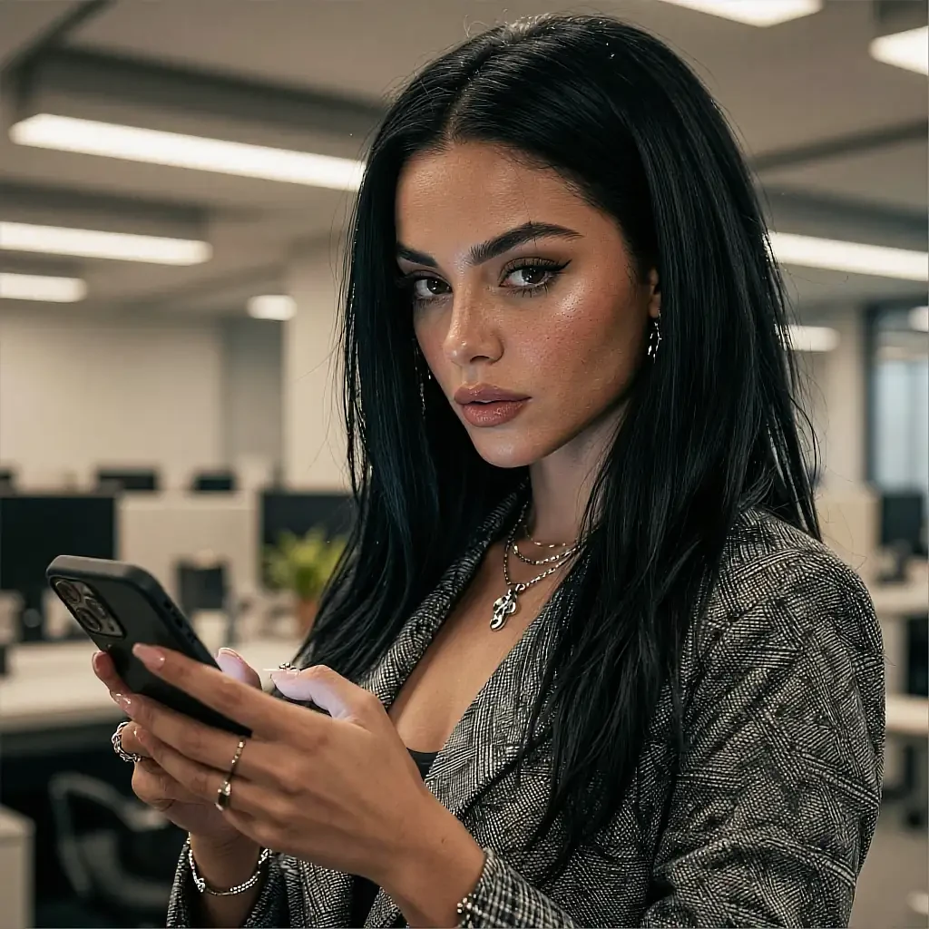 Black-haired woman in a gray plaid blazer and chain necklace holding a phone in a modern open-plan office