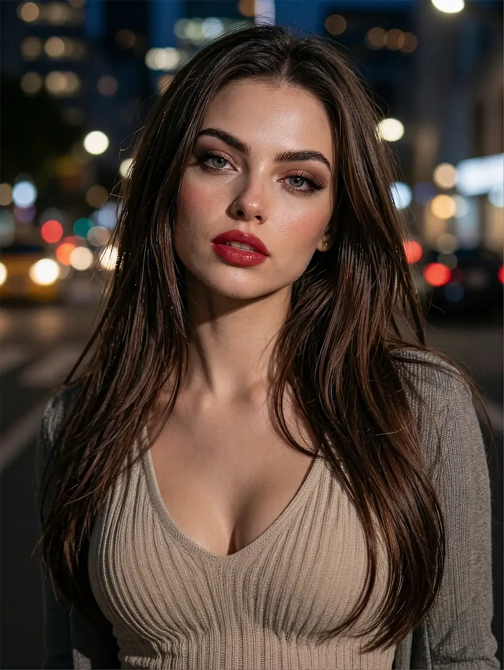Brunette woman with bold red lipstick in a ribbed beige v-neck sweater on a city street at night with traffic-light bokeh