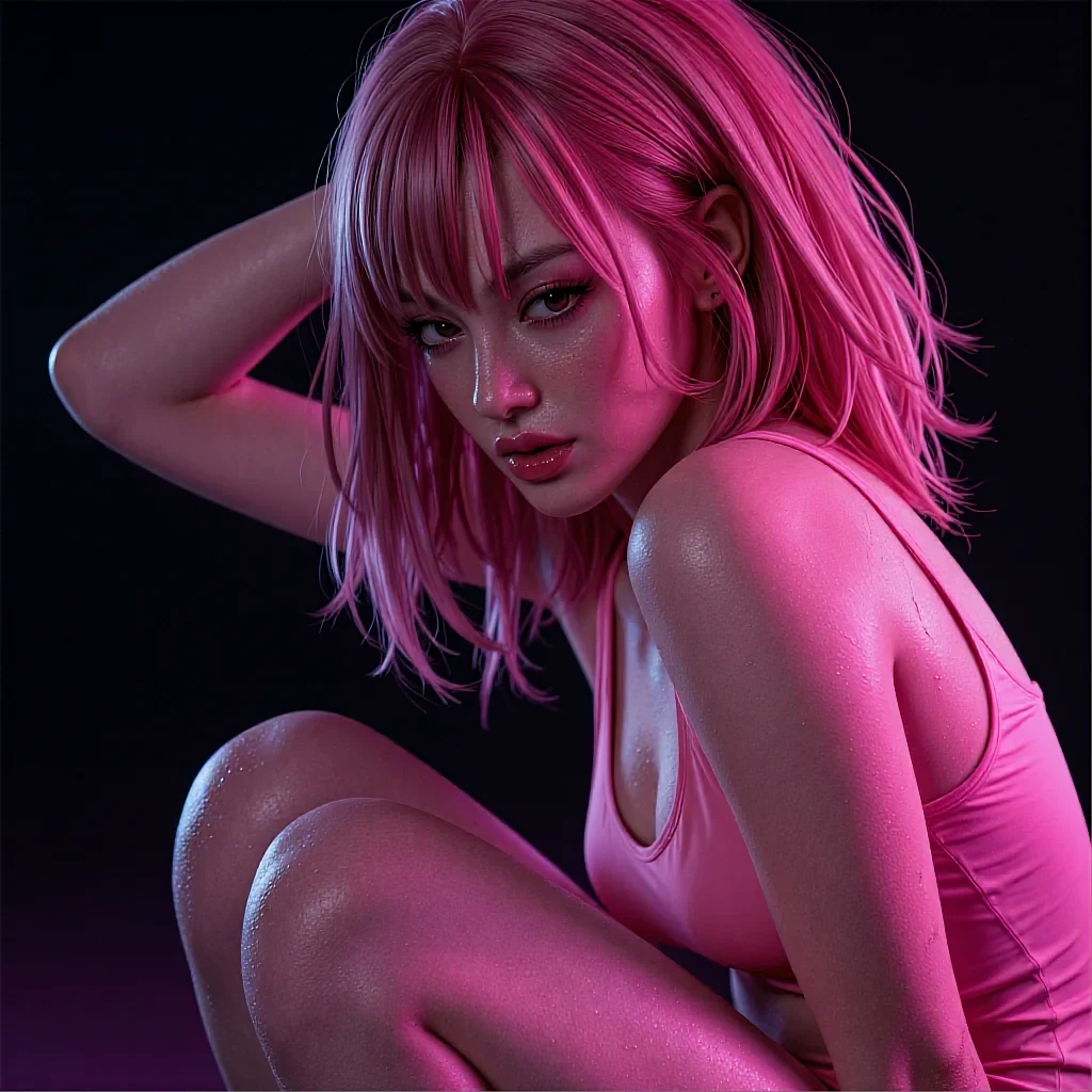 Woman with a pink bob and bangs in a pink bodycon dress crouching under magenta studio lighting against a dark backdrop